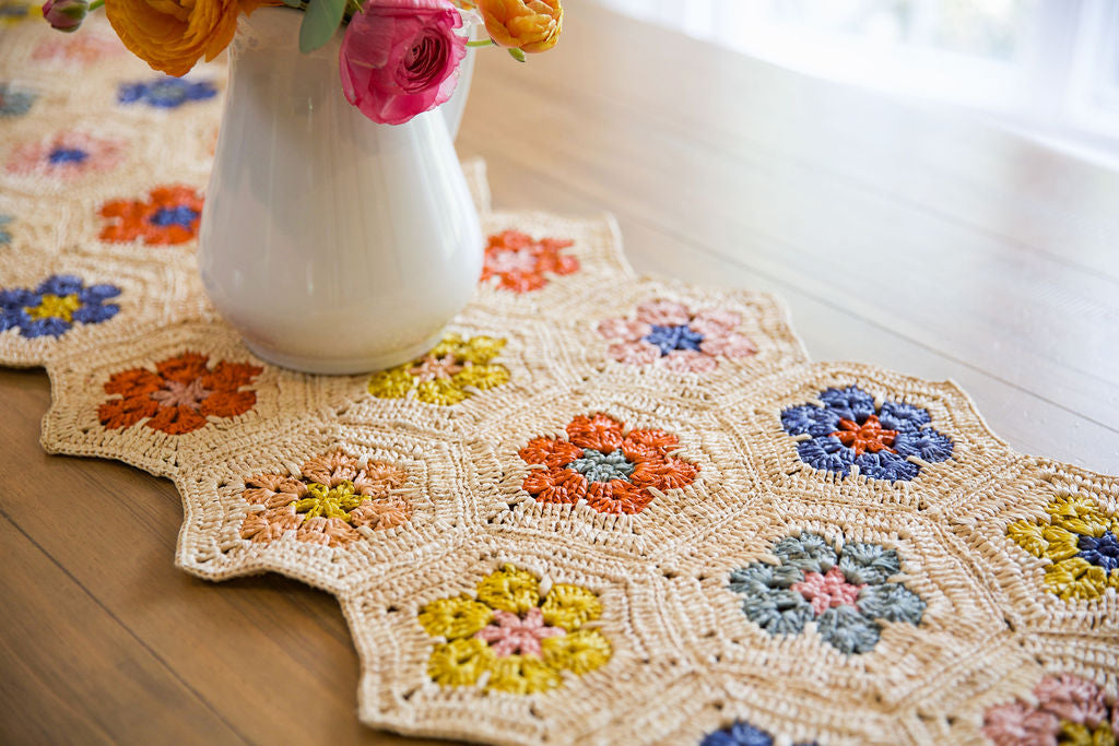Flower Table Runner, Multicolor Raffia Tabletop