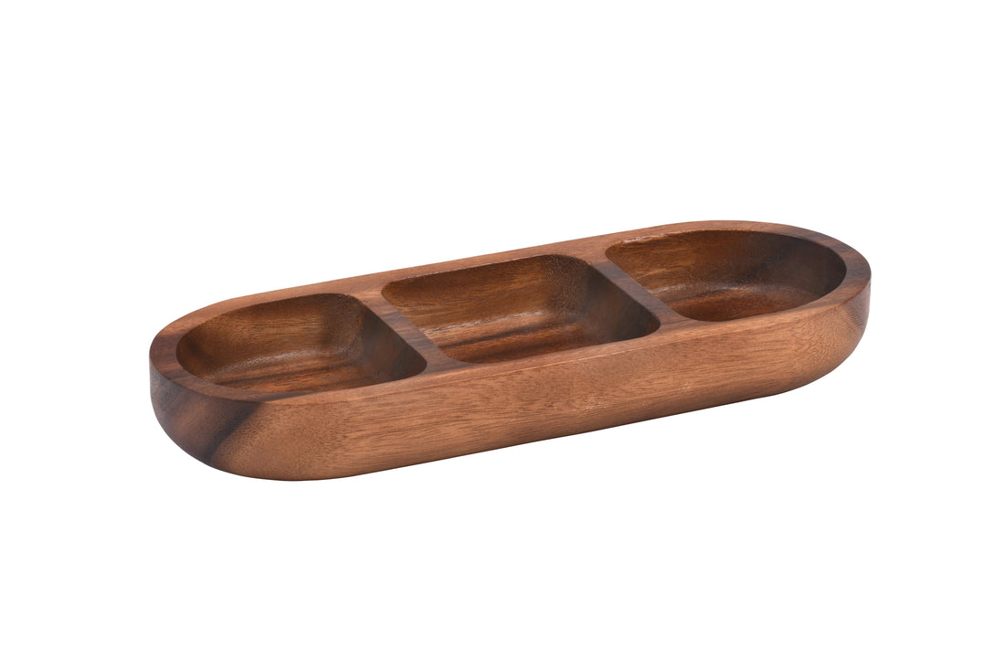 Acacia Wood 3-Compartment Candy Nut Tray Bowl - Rustic Serving Snack Dish