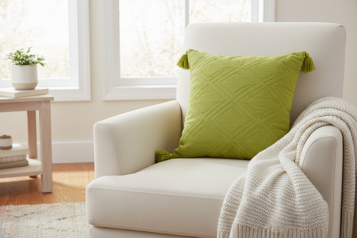 Change the color of the pillow on the chair to either lime green or honeysuckle