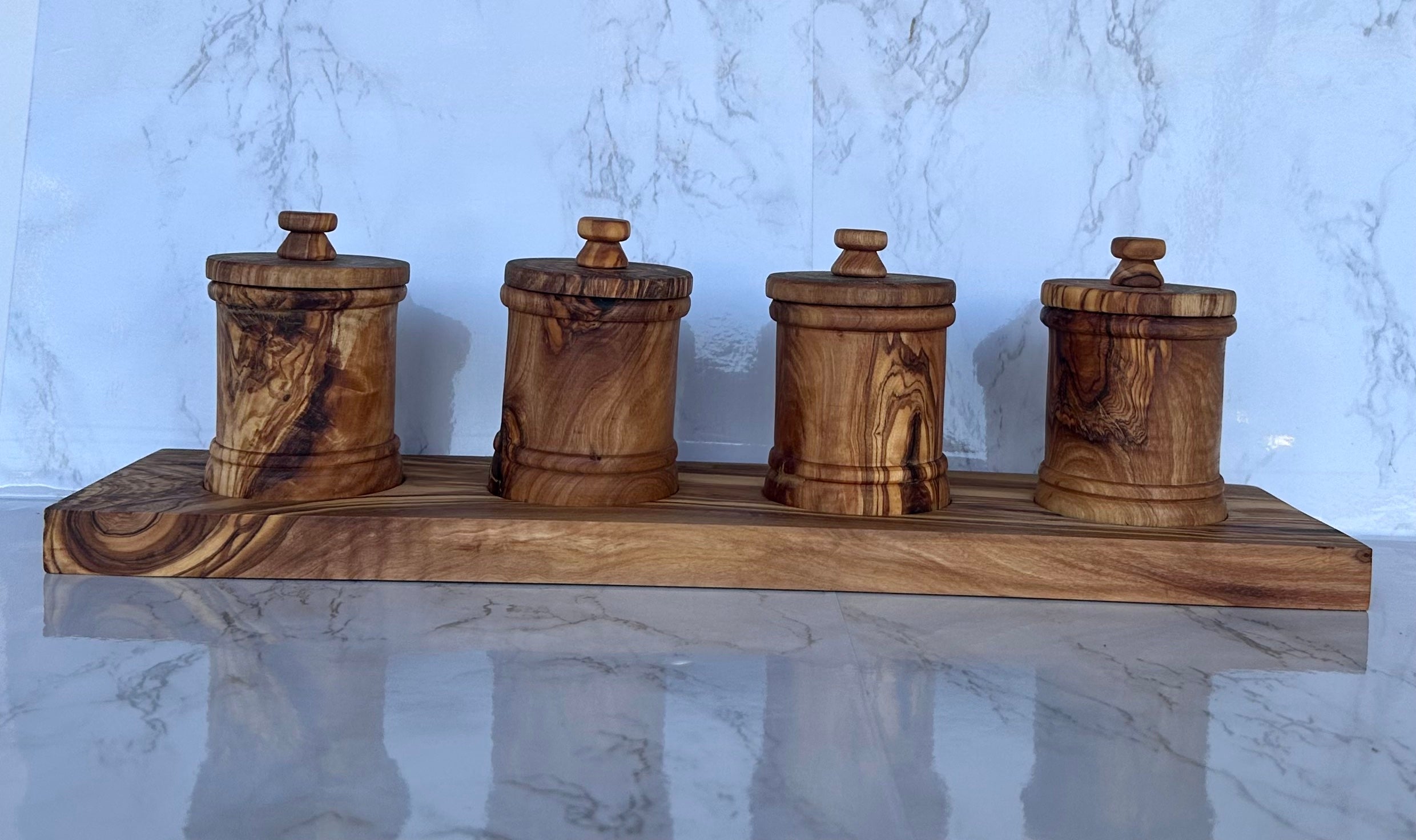 Olive Wood Canister Set - Handcrafted Kitchen Storage Jars With Carved Detail