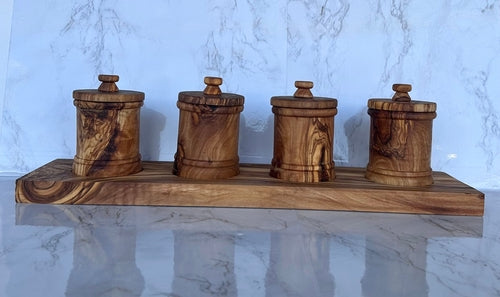 Olive Wood Canister Set - Handcrafted Kitchen Storage Jars With Carved Detail