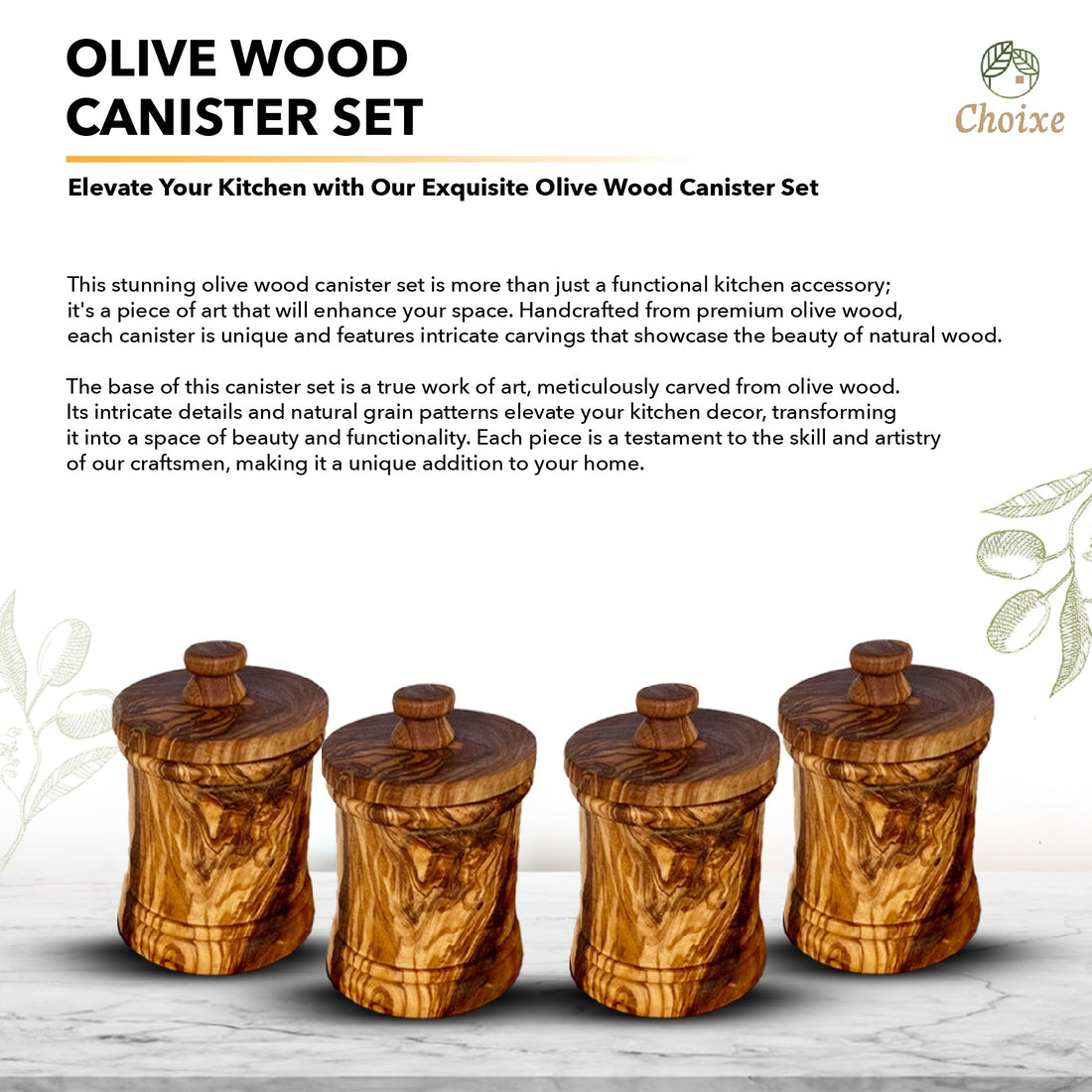 Olive Wood Canister Set - Handcrafted Kitchen Storage Jars With Carved Detail